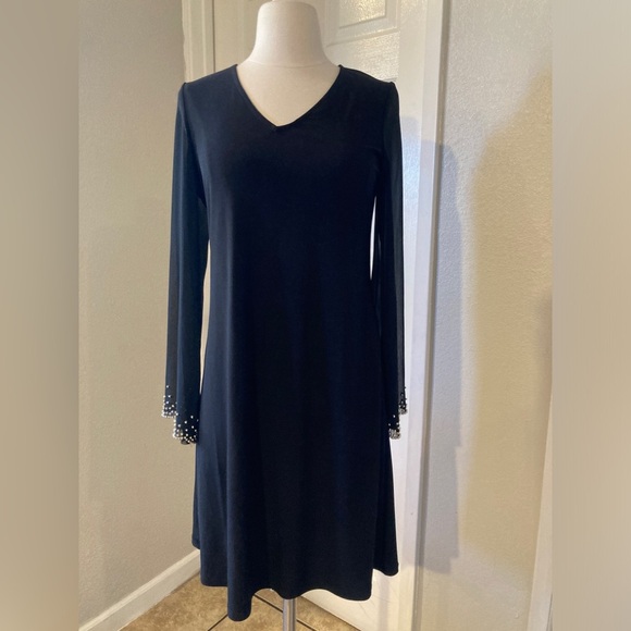 MSK Midi Dress Size M  V Neck Bell Sleeve Pearl Embellished  Drapey Relaxed - Picture 1 of 6